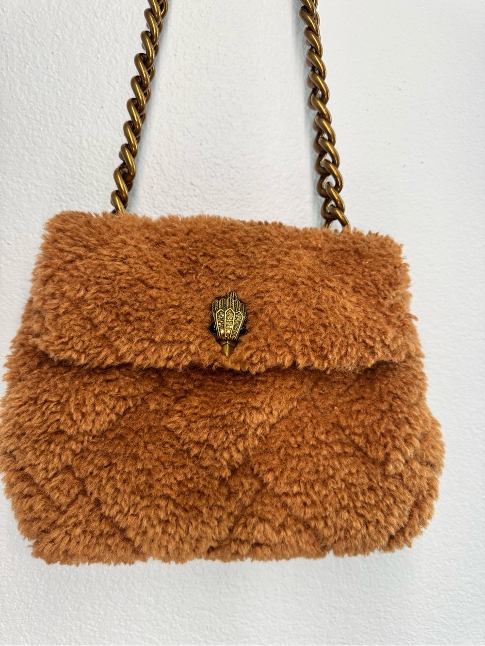 Kurt Geiger Plush Teddy Fur Crossbody Bag in Camel